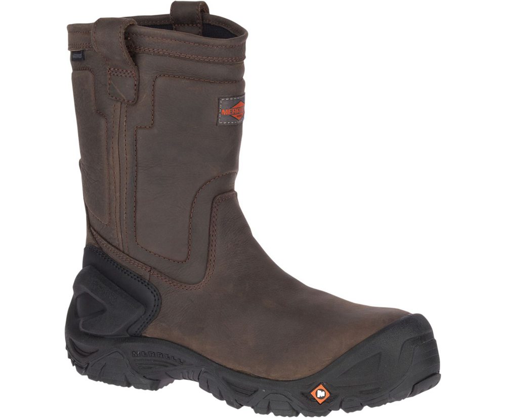 Kozaki Merrell Męskie Brązowe - Strongfield Skórzane Pull On Waterproof Comp Toe - 741095-CIA